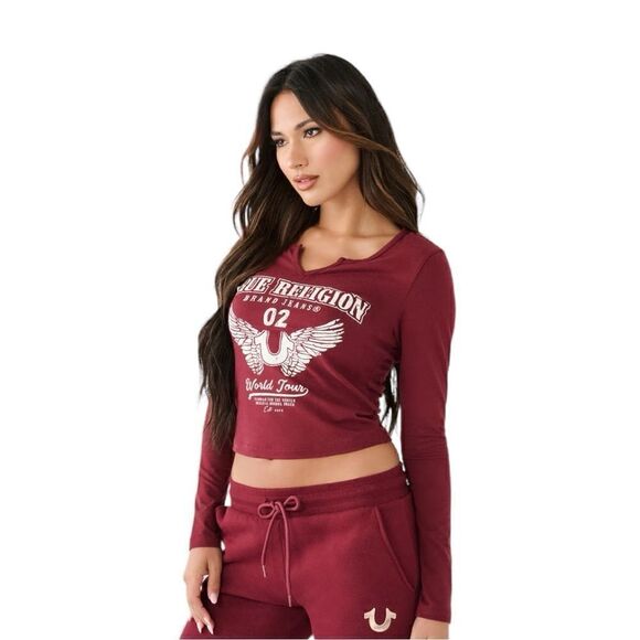 TRUE RELIGION Burgundy Long Sleeve Notch Logo Urban Tee Women's size: La… - Picture 3 of 17
